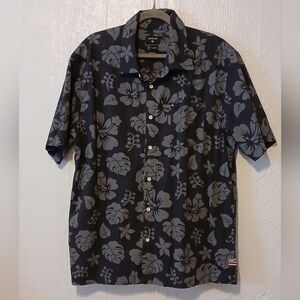 Quiksilver Men's XL Hawaiian Shirt  Black Gray Floral Button Up Short Sleeve